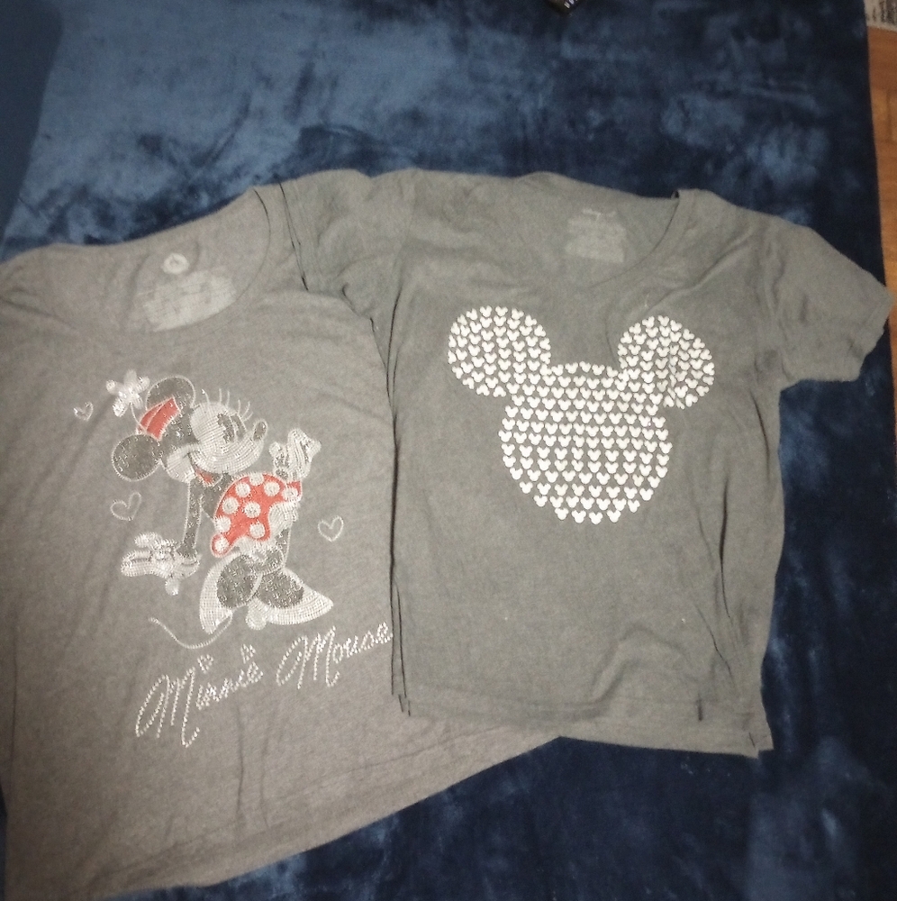 Set Of Two Disney Minnie And Mouse Head Gray  T-Shirts